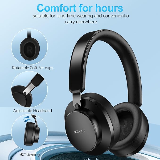 Over Ear Headphones Wireless Bluetooth, Noise Cancelling Headphones Bluetooth with Microphone, Cancelling Wireless Headphone Over Ear, 65h Playtime, Clear Calls, Comfort Fit For Travel (Black)