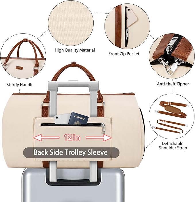 4pcs Convertible Garment Duffel Bag for Travel - 50L 2-in-1 Carry On Weekender Overnight Bag with Toiletry Bag, Fits Suits & Dresses, Trolley Sleeve, Hanging Suit Compartment, Waterproof Shoe Pocket