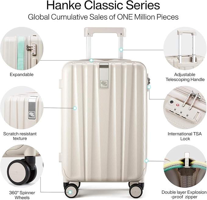 Hanke Expandable Hard Shell Luggage Sets 2 piece Carry On Luggage with Wheels Suitcases Lightweight Checked Travel Luggage Rolling Large Suitcase Travel Luggage Bag Woman Men 20/29 Inch(Ivory White)