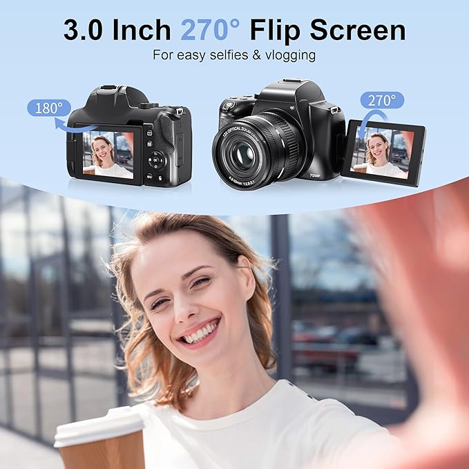 4K Digital Cameras for Photography, 12X Optical Zoom 72MP Vlogging Camera for YouTube with 270°Flip Screen, Autofocus & Anti-Shake Cameras, Wi-Fi & App-Controlled 4K Camera, 2 Batteries, 32GB SD Card