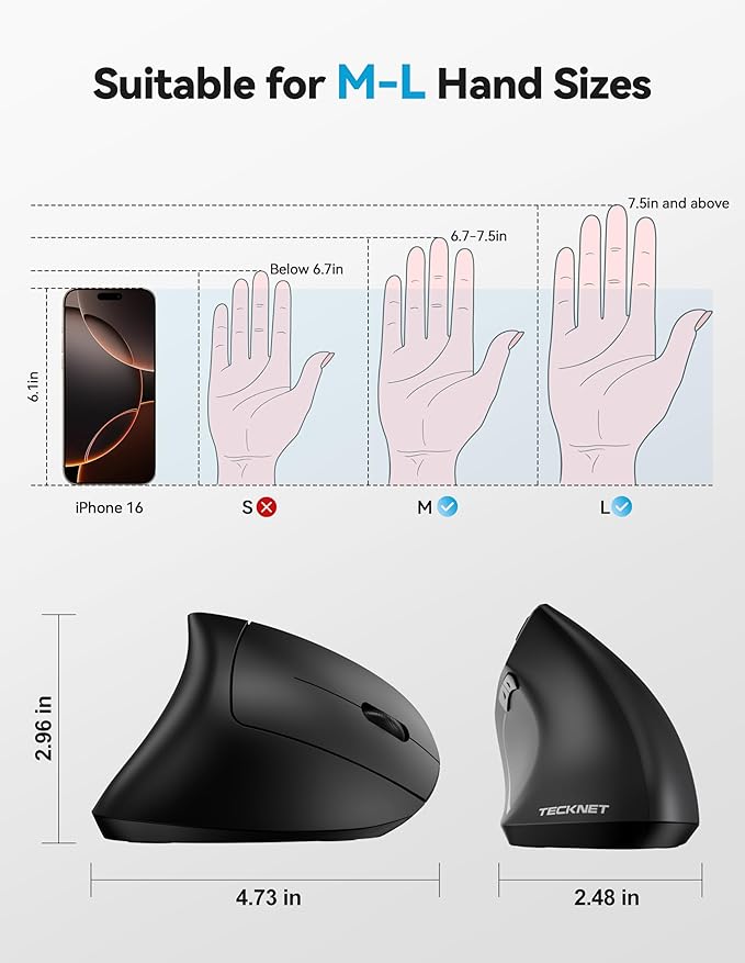 TECKNET Ergonomic Mouse with Jiggler, Bluetooth Wireless Vertical Mouse, 4800DPI Rechargeable Carpal Tunnel Mouse, Undetectable Random Movement Keeps Computers Awake for PC, Laptop