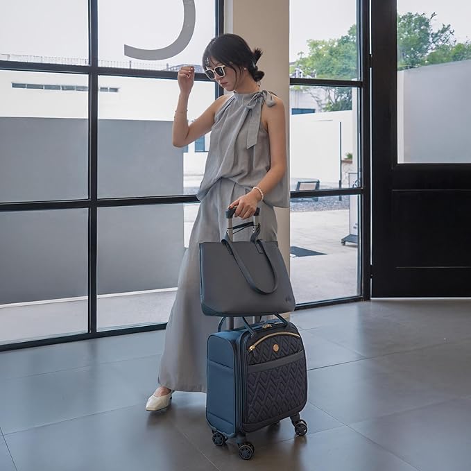 Verage 18x14x8in Spinner Underseat Carry-On Luggage -Airplane Personal Item Bag, USB A&C Charging Port, Padded Laptop Pocket & Wet/Dry Compartments for Women, Haze Blue