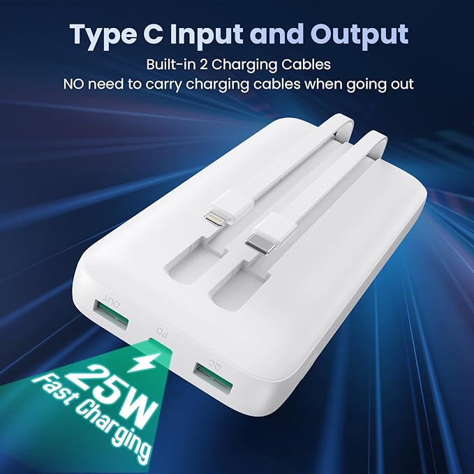 Portable Charger PowerBank 40,800mAh with 2 Built-in Cables,25W PD Fast Charging +QC 4.0 Quick Phone Charging Power Bank, 5 Outputs LCD Display USB C Battery Pack for iPhone 16/15 Android Galaxy etc