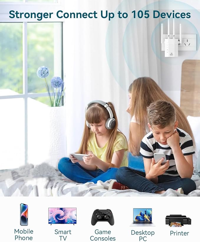 Dual - Band 2.4G&5G WiFi Extender Signal Booster, WiFi Extender with 4 High - Gain Antennas, WiFi Booster with 2 LAN Ports, WiFi Repeater with 12880 Sq.ft Coverage 105 Devices