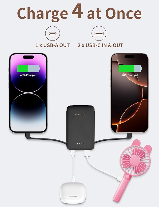 Power Bank, Slimmest 5000mAh Portable Charger with Built in USB-C Cables, USB C in&Out Charging Battery Pack, External Phone Powerbank Compatible with iPhone, Android, Black