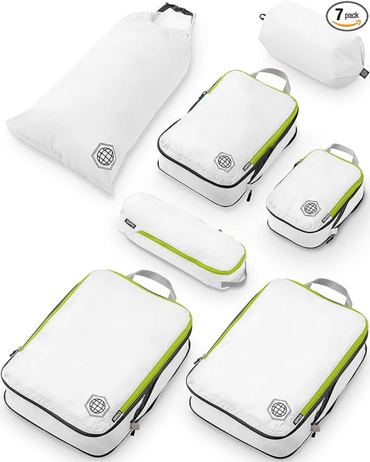 Large Compression Packing Cubes for Travel-Packing Cube Luggage Organizers 7 Piece Set for Checked Luggage-Ultralight, Expandable/Compression Bags by TRIPPED Travel Gear (White/Green)