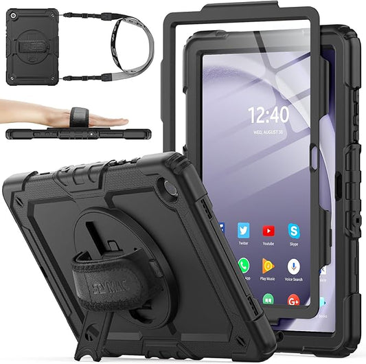 SEYMAC stock Case for Samsung Galaxy Tab A9+ Plus 11'', Full-Body Drop Protection Case with Screen Protector Pencil Holder [360° Rotating Hand Strap] &Stand, Black