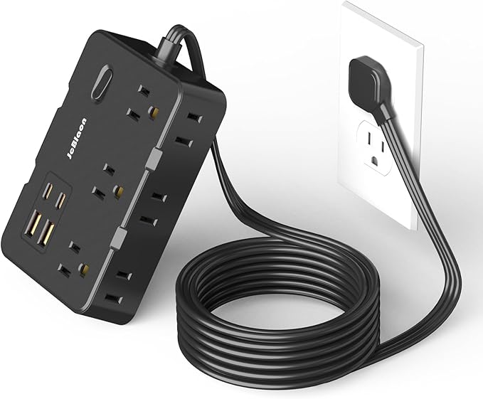 Flat Plug Power Strip Surge Protector, 5ft Ultra Thin Extension Cord with 4 USB Wall Charger(2 USB C Port), 6 Widely-Spaced Outlets Power Strip Compact for Travel, Office, Dorm Room Essentials (Black)
