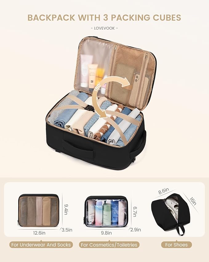 LOVEVOOK Travel Backpack for Women & Men, 40L Large Carry On Backpack Airline Approved, TSA Personal Item Weekender Bag, Water Resistant Laptop Backpack with 3 Packing Cubes for Travel Essentials