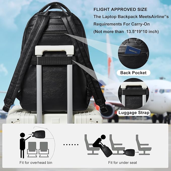 43L Backpack for Women Men - Vegan Leather Backpack Purse Travel Carry-on Bag College Bookbag Work fits 17" Laptop, Black