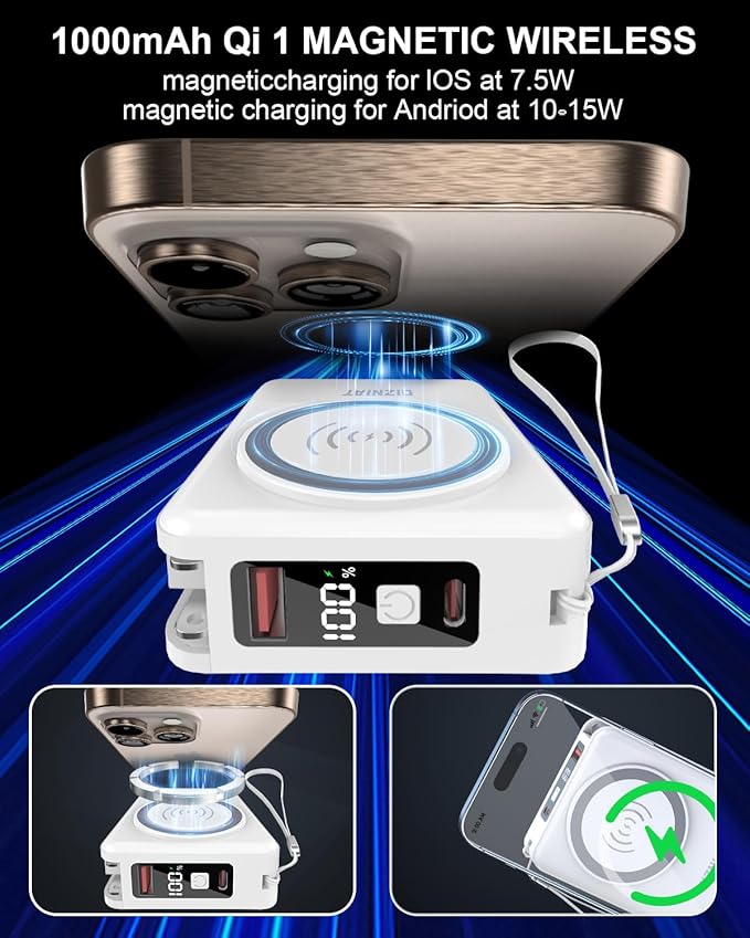 for Magsafe Portable Charger Power Bank 10000mAh, 22.5W Battery Pack Fast Charging Wall Plug Power Bank for iPhone Andriod Sumsung Travel Charger with Built in USB C & Lightning Cables