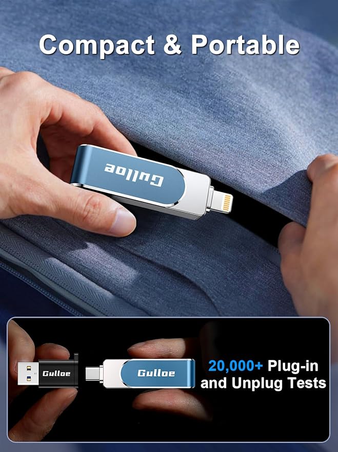 Gulloe 256GB Flash Drive Intended for iPhone, Memory Stick Storage for Photos and Videos Backup, Compatible with iPhone iPad Android PC, Plug and Play, No Application Required (Navy Blue)