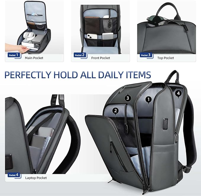 Business Backpack Computer Bag for 15.6 Inch Laptop for Men Women with USB Charging Port Water-Resistant Anti-theft Luggage Backpack Suitcase Casual Daypack for College Weekender Hikking Travel-DGrey