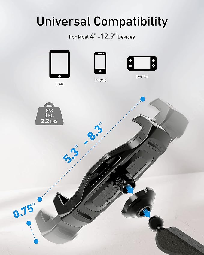 iPad Stand for Desk/Headboard, Tablet Mount with Cable Management, Tablet Holder for Recording/Filming, Black