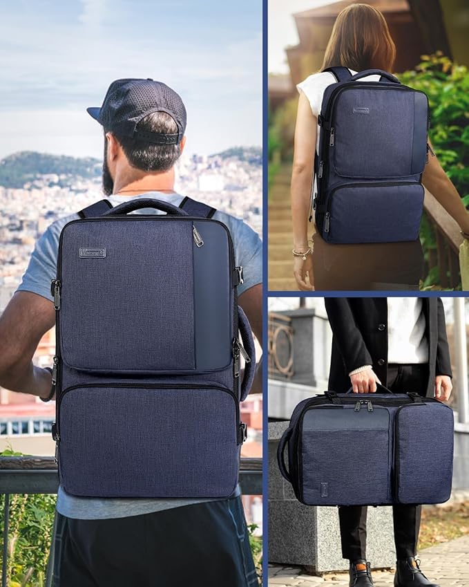 Vancropak Personal Item Backpack for Airlines, Expandable Travel Backpack with 3 Packing Cubes, TSA Flight Approved Carry on Travel Bag, Large Water Resistant Luggage Suitcase bag for Men Women, Blue