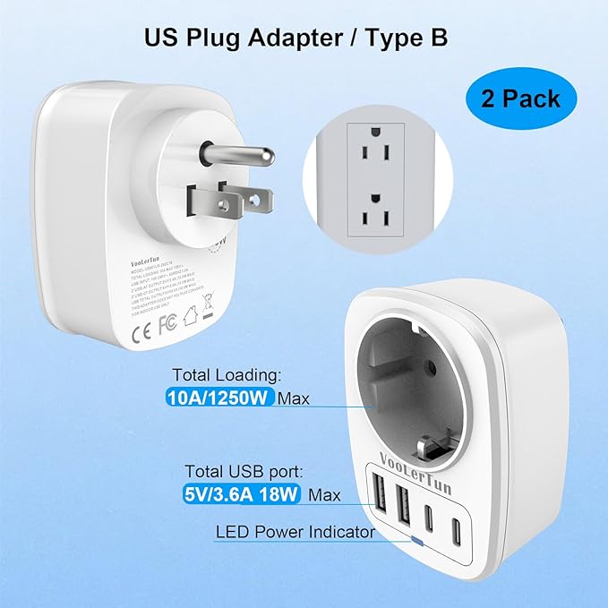 EU to US Plug Adapter 2 Packs, European Type C/E/F to US Travel Plug Adapter with 1 Europe AC Outlets, 4 USB Charger Ports (2 USB C), for Most of Europe Germany France Spain