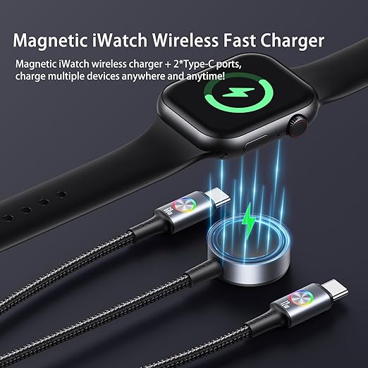 72W Super Fast Charging 3-in-1 Multi Charging Cable, Dual USB-C Ports for iWatch Ultra/SE/10-1/iPhone 17/16/15 Pro, Multi Charger for Apple Watch, Galaxy Phone Travel Essentials