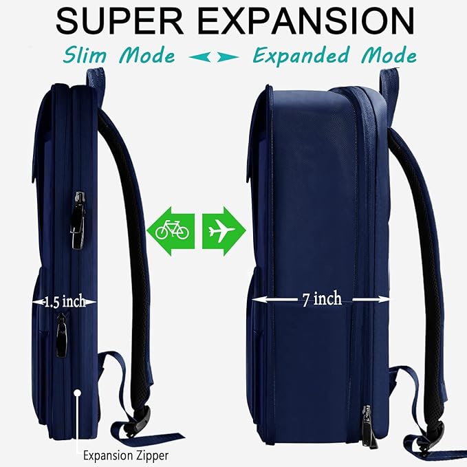 ZINZ Slim & Expandable Laptop Backpack 15.6 Inch, Computer Rucksack Water Resistant Bag, Anti-Theft Travel Daypack for Men and Women-Blue