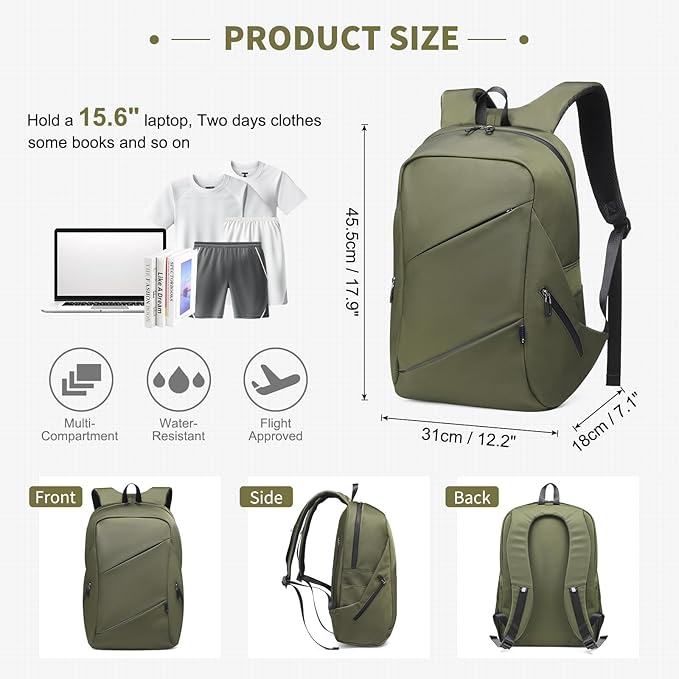 Travel Laptop Backpack, Anti-Theft Carry On Backpack Professional, TSA-Approved Water-Resistant Rucksack for Work Men Women Fits 16 Inch Notebook, Green
