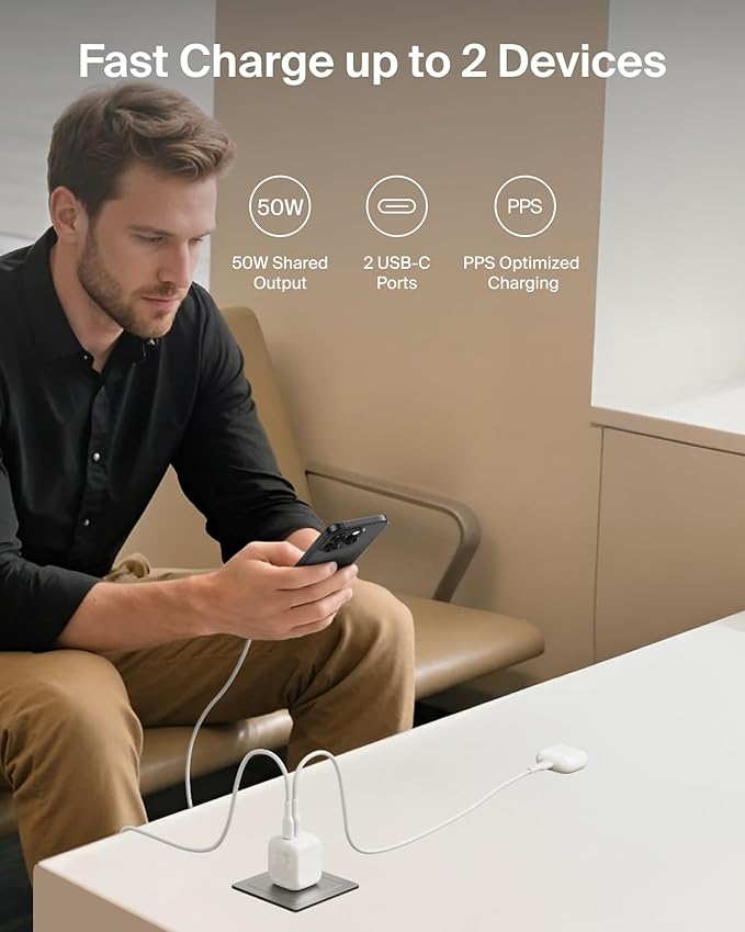 Belkin 2-Port USB C Charger Block 50W, Dual-Port GaN Charger w/ 2X USB C Ports & Included 1M C-C Cable, Fast Charging for MacBook, iPhone, iPad, Chromebook, Galaxy, Pixel - Travel Essentials - White