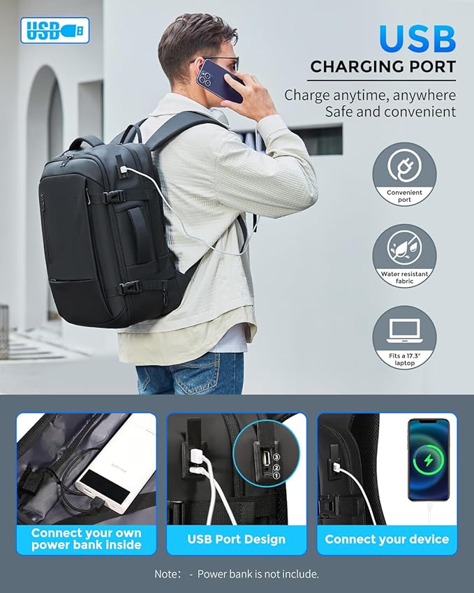 Travel Backpack for Men, Flight Approved Carry On Luggage Backpack with USB Port, Water Resistant Expandable Computer Daypack, 17.3 Inch Black Business Laptop Backpack for College/Work