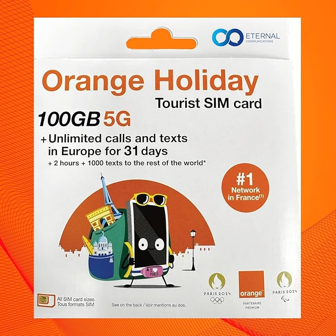 Preloaded Orange Travel Sim Card Now with 100GB of 5G Data, Unlimited Calls & SMS in Europe, 120 mins & 1000 SMS from Europe to Worldwide (Lasts for 31 Days). Tethering Allowed