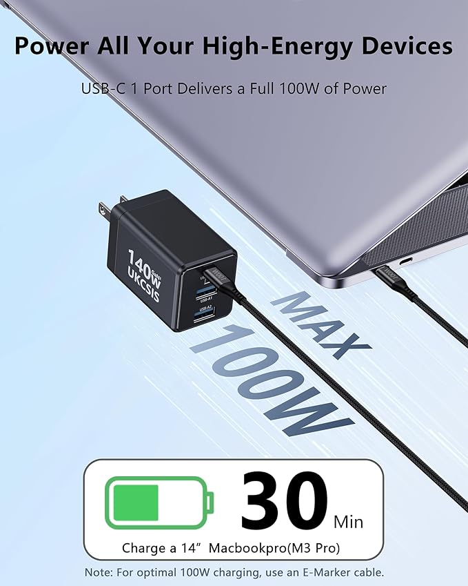 140W USB C Charger Block, Foldable 3-Port Multi-Device Fast Power Adapter, USB C Charger for MacBook pro/Air, Dell, Samsung Galaxy, iPad Pro, and More (Black)