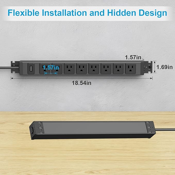 HHSOET Metal 360° Rotating Mountable Power Strip, 8 Outlet Gaming Table Mounted Outlet Strip, Heavy Duty Wall Mount Surge Protector with Switch, 15A 125V 1875W, 3ft Power Cord.(Black)
