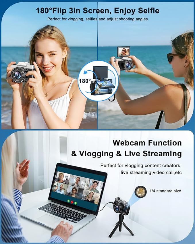 4K Digital Camera for Photography, WiFi 64MP Autofocus Vlogging Camera for YouTube, 3" 180° Flip Screen, 16X Zoom Antishake Compact Point and Shoot Travel Cameras with 32GB SD Card, 2 Batteries, Black