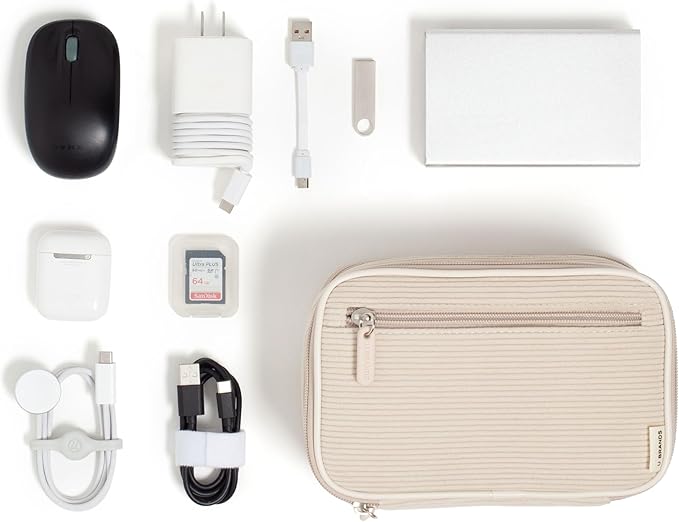 U Brands Dual Zip Corduroy Travel Electronics Organizer, Tech Travel Case, Portable Travel Bag, Cord Storage, 8" x 5.25" x 2.5", Sand Beige