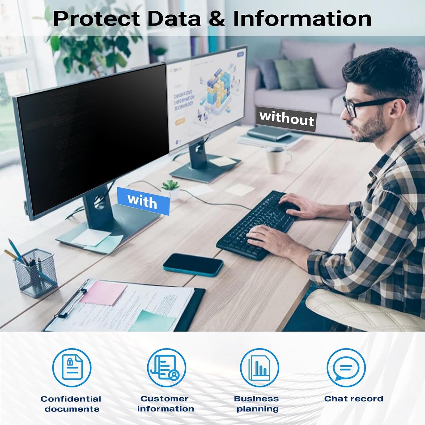 FILMEXT [2 Pack 22 Inch Computer Privacy Screen Filter for 16:10 All-in-One Desktop/Frameless Monitor - Removable Blue Light UV Blocking Privacy Shield for Thin Bezel Computer