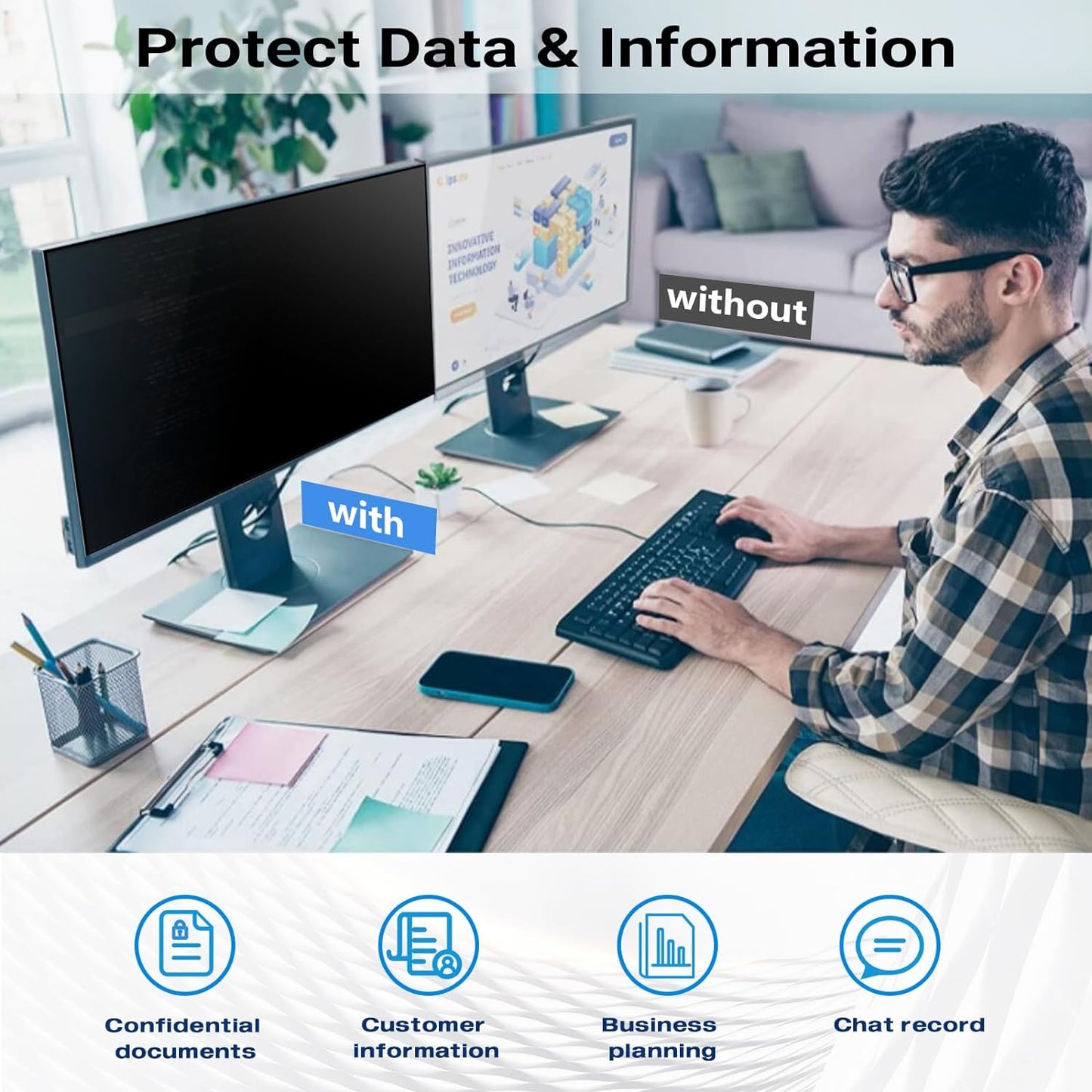 FILMEXT [2023 Upgrade Computer Privacy Screen Shield for 23 inch 16:9 Frameless Monitor, Anti Spy Blue Light Filter, Bubble Free, Easy On/Off Screen Protector for Computer Monitor