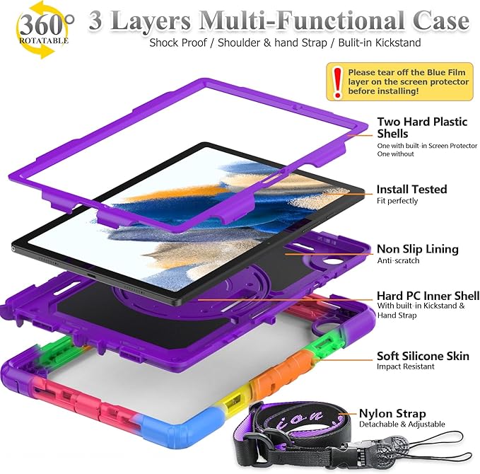 SEYMAC stock Case for Samsung Galaxy Tab A8 10.5'', Full-Body Drop Protection Case with Screen Protector Pencil Holder [360° Rotating Hand Strap] &Stand, Purple+Colorful