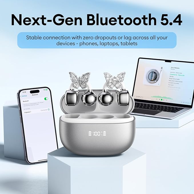 PAXA Bling Open Ear Clip On Earbuds with LED Display & Crystal Butterfly Earrings, Comfort Bluetooth 5.4 Wireless Ear Buds 50H Playtime for Women Girl Work, Fitness, Daily Wear, Gift, Silver