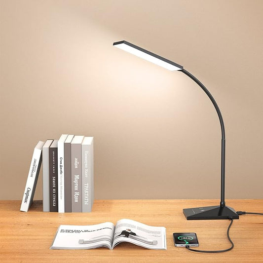 Vansuny LED Desk Lamp with USB Charging Port, Eye-Caring, 5 Color Modes,6 Brightness Levels, Touch Control, Flexible Gooseneck, Memory Function for Dorm Office Work Bedroom (12W,Black)