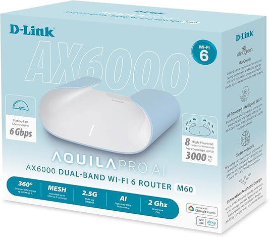 D-Link M60 AX6000 WiFi 6 Mesh Router—Sculpted Décor Ready Design—2.5 Gbps WAN + 4× Gbps LAN—Gaming/Streaming/Internet—Long Range Wireless Self Optimized 360° Coverage—Expandable Mesh—App Control
