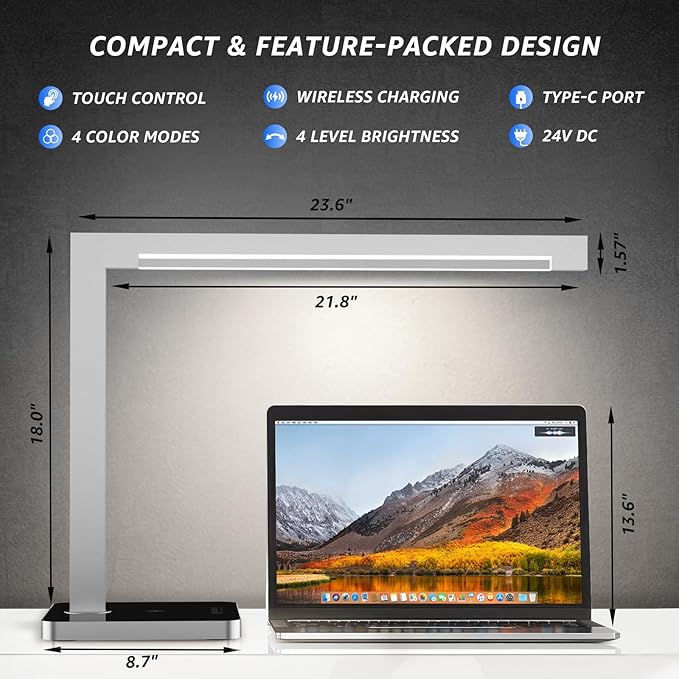 Aluminum LED Desk Lamp with Charging Station, 15W Smart Table Lamp with Type-C Ports & 4 Color Temperature Modes(3000K-6000K), Dimmable Reading Light for Home Office,Bedroom (Includes Adapter)