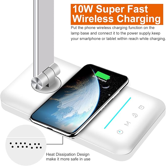 AFROG Multifunctional LED Desk Lamp with Wireless Charger, USB Charging Port, 5 Lighting Modes,5 Brightness Levels, Sensitive Control, 30/62 min Auto Timer, Eye-Caring Office Lamp with Adapter
