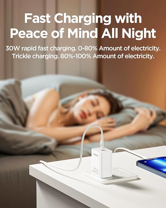 PISEN 30W USB C Charger - USB C Fast Charger Block, PD3.0 Wall Charger with 4FT Type C to L Cable, 30W Power Adapter for iPhone 16/15/14/13/12/11/XR/XS/X Series, iPad