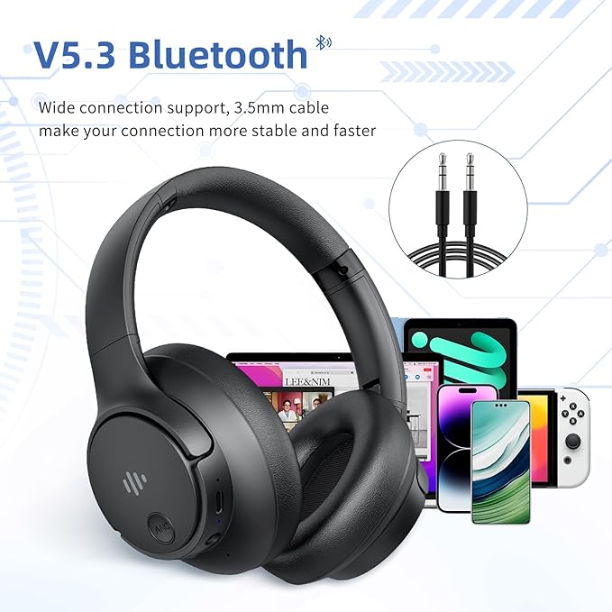 Active Noise Cancelling Headphones, Wireless Over Ear Bluetooth Headphones with Microphone, Transparency Mode, 70H Playtime, Hi-Res Audio, Deep Bass, Bluetooth 5.3, Lightweight Design,Black