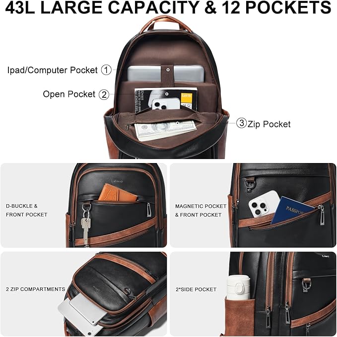 43L Backpack for Women Men - Vegan Leather Backpack Purse Travel Carry-on Bag College Bookbag Work fits 17" Laptop,Black&Brown