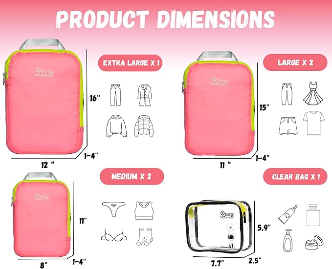 SUITEDNOMAD Ultralight Compression Packing Cubes Set, Suitcase and Backpack Travel Organizer Bags