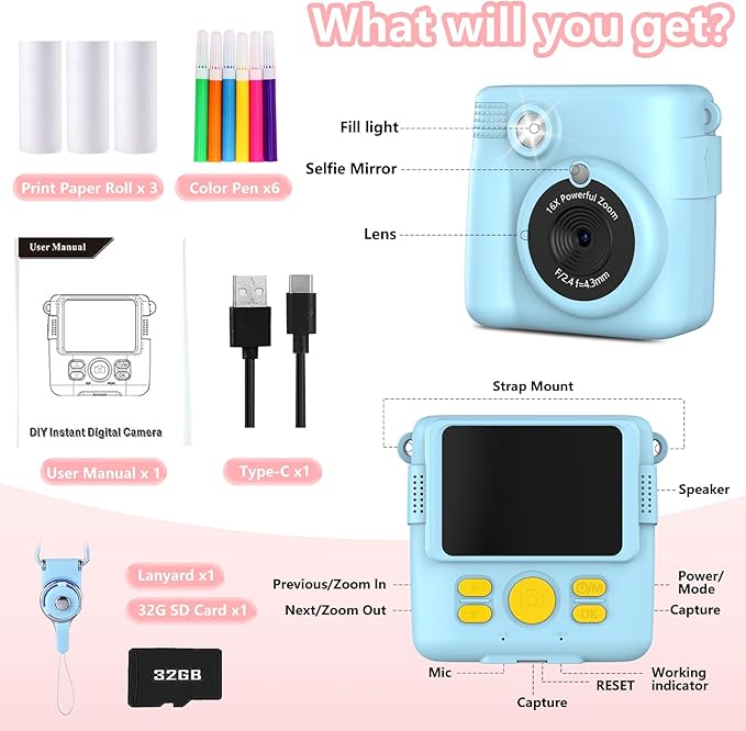 Instant Print Camera for Kids,Christmas Birthday Gifts for Age 3-12 Girls Boys，1080P HD Digital Video Cameras for Toddler,Kids Portable Toy with 3 Rolls Photo Paper，32GB Card-Blue