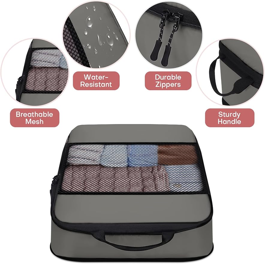 6 PCS Set Compression Packing Cubes for Travel, Lightweight Packing Organizer Bags Travel Essentials for Carry On, Suitcase, Home Closet - Grey