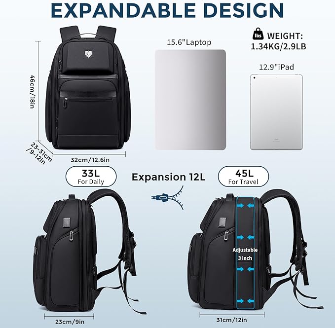 Travel Laptop Backpack for Men, Expandable Water Resistant 15.6 Inch Computer Backpack with USB Port, Mens Hardshell Laptop Bag for Business/Work/College, Black