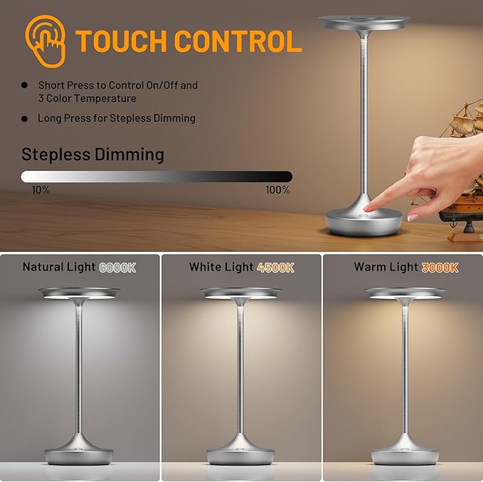 LED Cordless Table Lamps Rechargeable - Outdoor Battery Operated Portable Table Light 3 Color Stepless Dimming Tables Lamp with Memory Function for Patio Restaurant Dining 2 Pack Silver