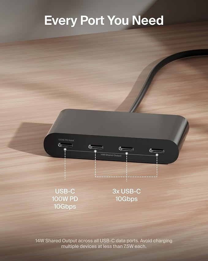 Belkin Connect USB-C to 4-Port Hub, Multiport Adapter with 4 USB-C 3.2 Gen2 Ports & 100W PD with Max 10Gbps High Speed Data Transfer for MacBook, iPad, Chromebook, PC, and More, Blac