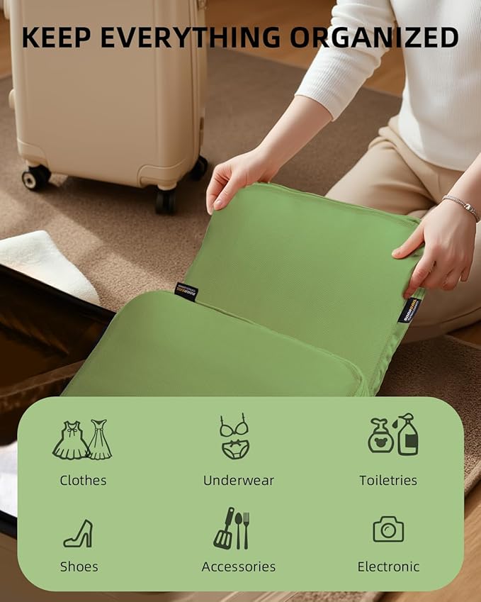 6 Set Compression Packing Cubes for Travel, Large Medium Small Luggage Organizers (Forest Green)