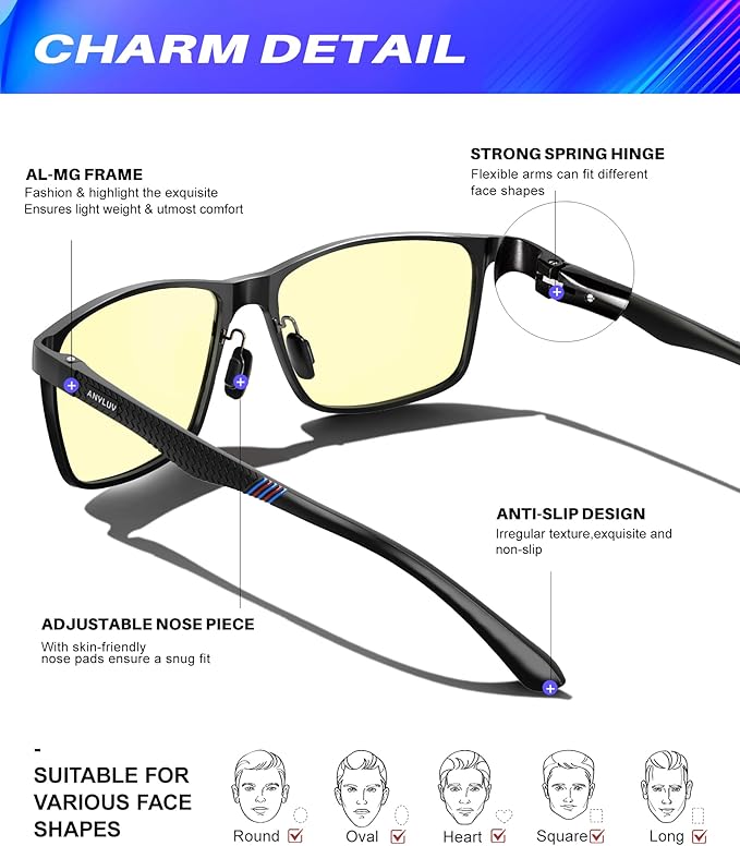 ANYLUV Blue Light Glasses Men, Relieve Eyestrain and Eye Protection, Al-Mg Metal Computer Blue Light Blocking Glasses