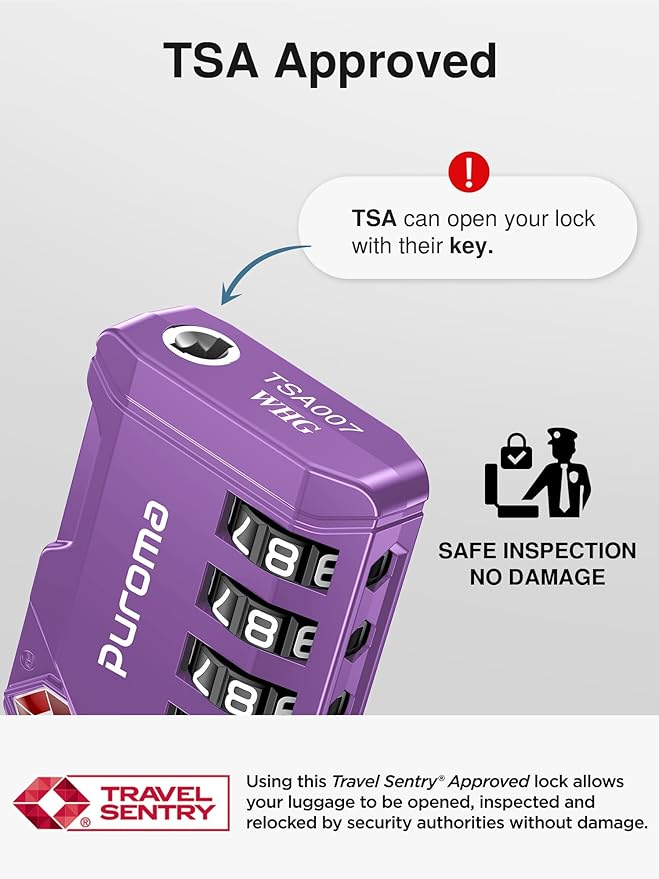Puroma TSA Approved Luggage Locks, 2 Pack 4 Digit Resettable Travel Combination Code Lock with Zinc Alloy Body for Suitcase, Backpack, Laptop Bag, Gym Locker, Toolbox (Purple)